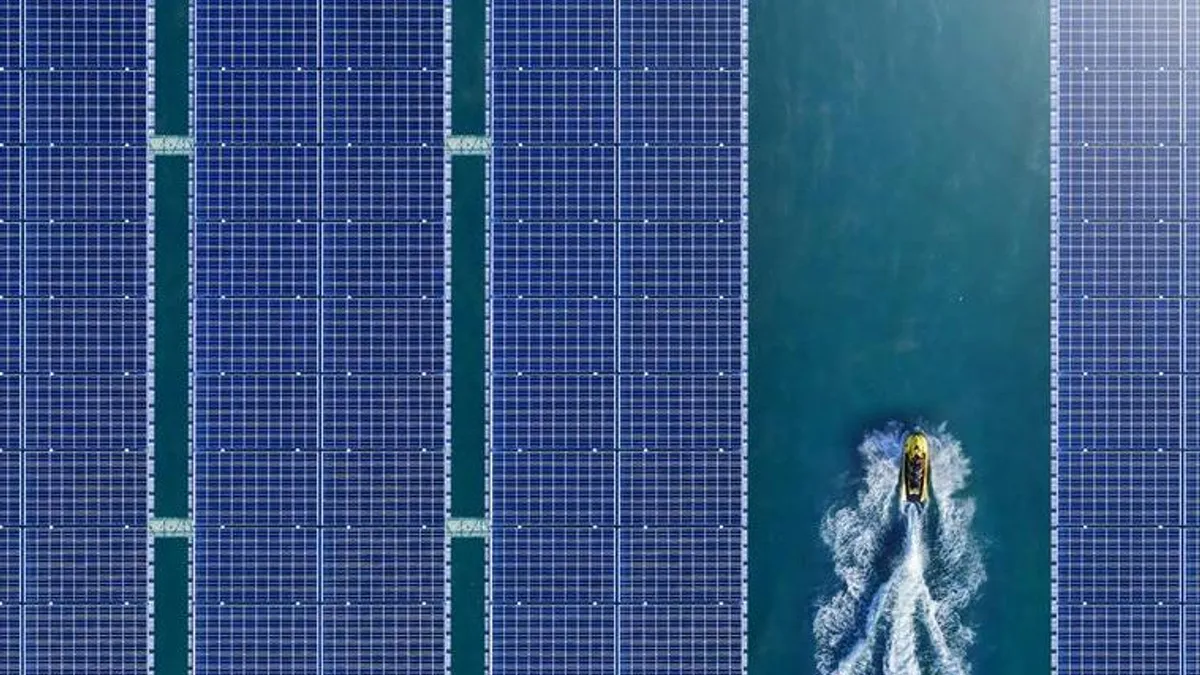 Floating solar panels on evaporation ponds in Jordan.