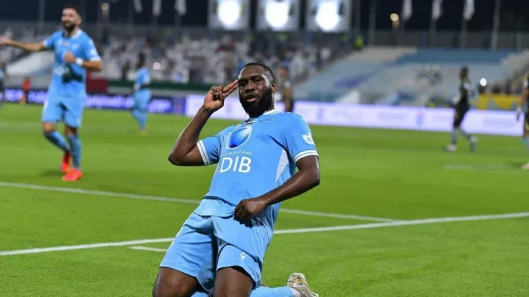 Bani Yas players celebrating after securing a draw against Dhafra.