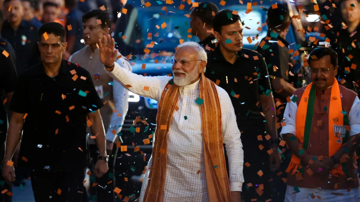 Prime Minister Narendra Modi celebrates BJP's victory in West Bengal elections.