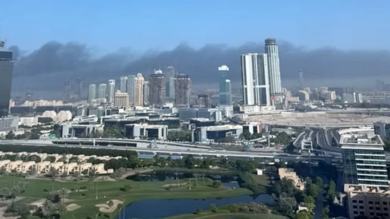 Emergency services responding to a fire at a construction site in Dubai.