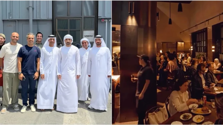 Sheikh Hamdan enjoying a meal at a Dubai restaurant with chefs.