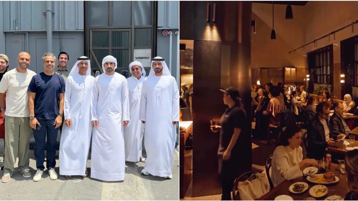 Sheikh Hamdan enjoying a meal at a Dubai restaurant with chefs.