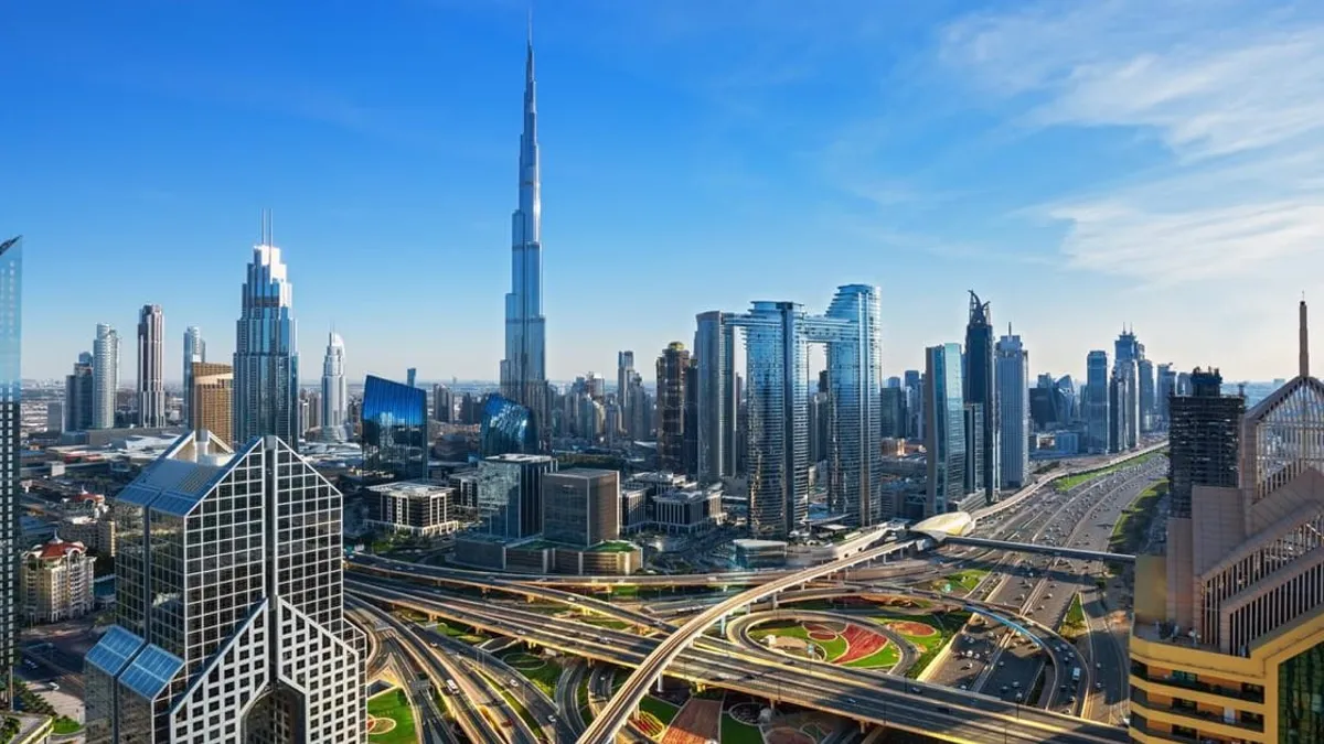 Aerial view of Dubai's skyline with luxury residential buildings.