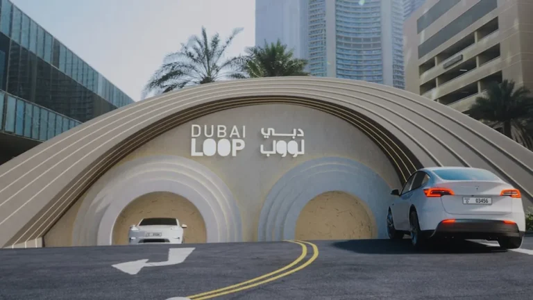 Conceptual image of Dubai's high-speed underground transport system with Teslas.