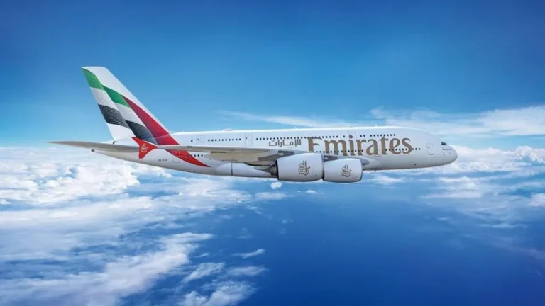 Emirates A380 aircraft in flight over Dubai.