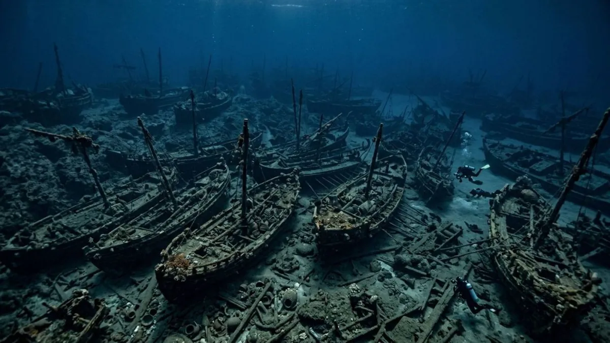 Underwater view of shipwrecks in the Mediterranean near Gibraltar.