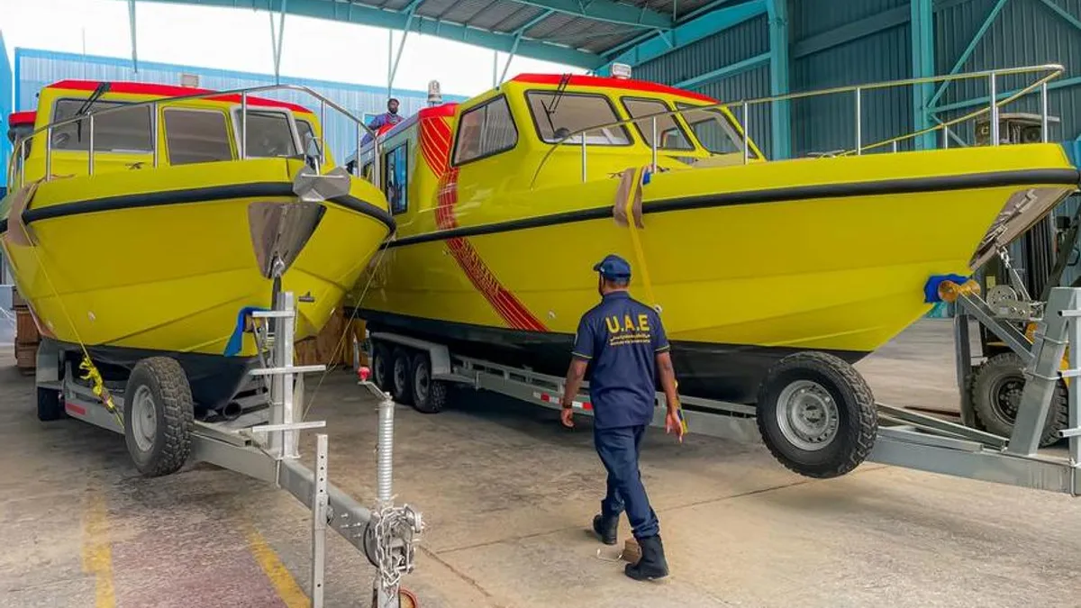 Three new utility vessels delivered to Sharjah Civil Defence at Gulf Craft shipyard.