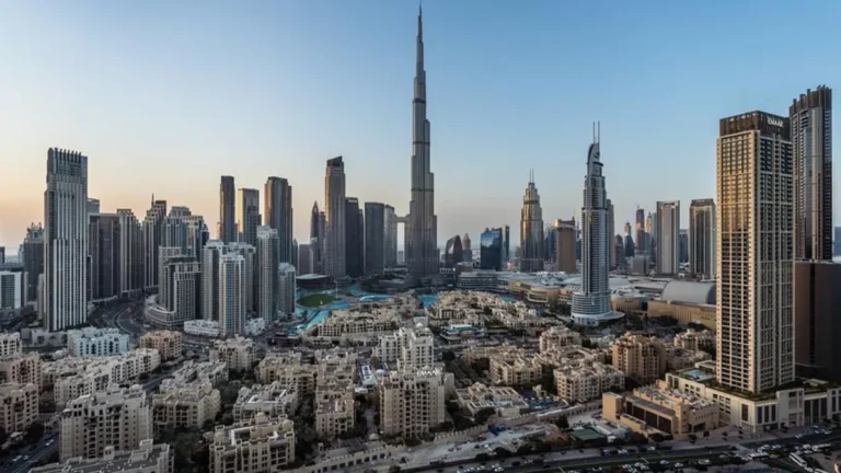 Sunset view of downtown Dubai skyline with modern architecture.
