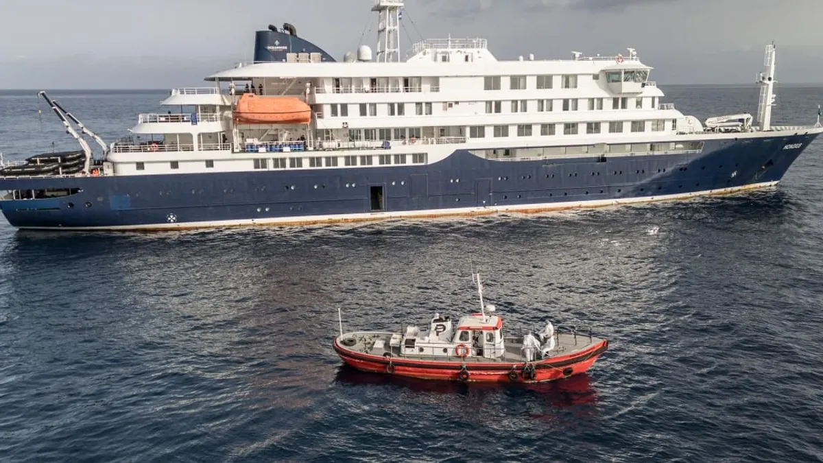 Cruise ship MV Hondius anchored off the coast of Cape Verde amid hantavirus outbreak.