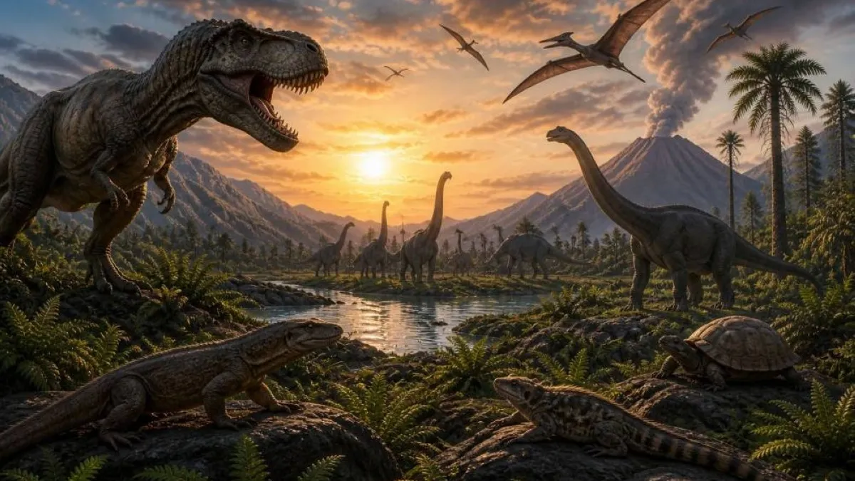 An illustration of dinosaurs and early mammals coexisting in a prehistoric environment.