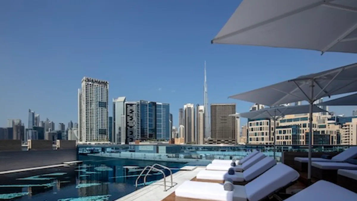Hyde Dubai hotel with skyline views and rooftop pool.