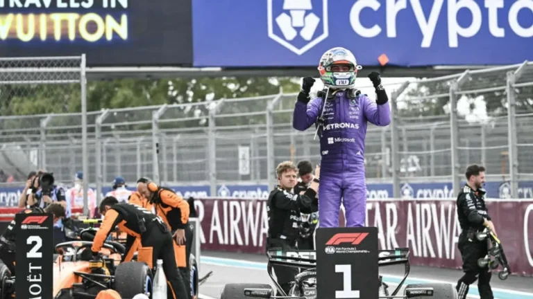 Kimi Antonelli celebrating his victory at the Miami Grand Prix.