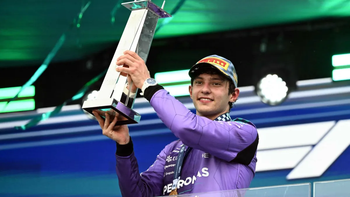 Kimi Antonelli celebrating his victory at the Miami Grand Prix.
