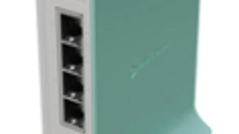 Mikrotik Wi-Fi 6 tabletop router in green and white colors.