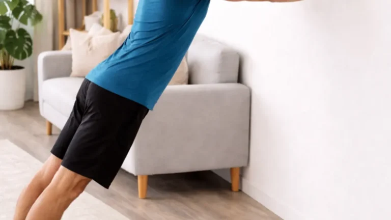An elderly person performing simple strength exercises at home.