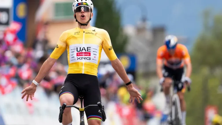 Tadej Pogacar celebrating his victory at the Tour de Romandie.