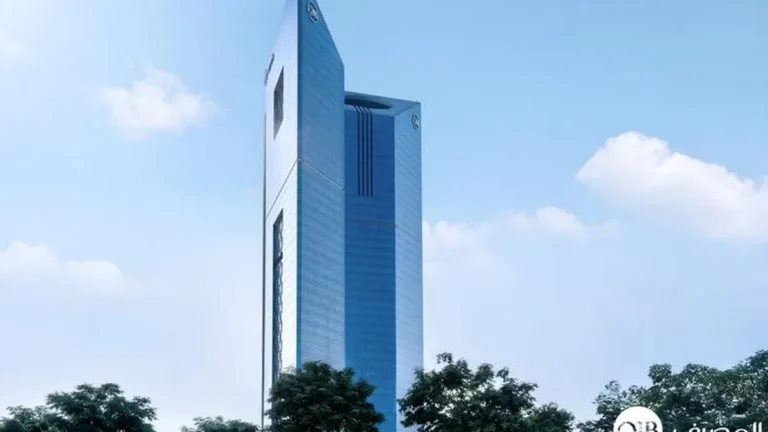 Qatar Islamic Bank building with award symbols in foreground.