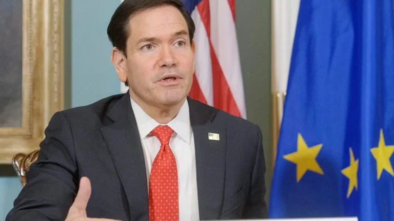 US Secretary of State Marco Rubio speaking at a press briefing.