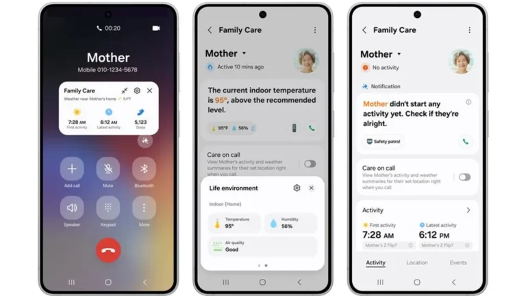 Samsung SmartThings interface showcasing Family Care and Now Brief features.