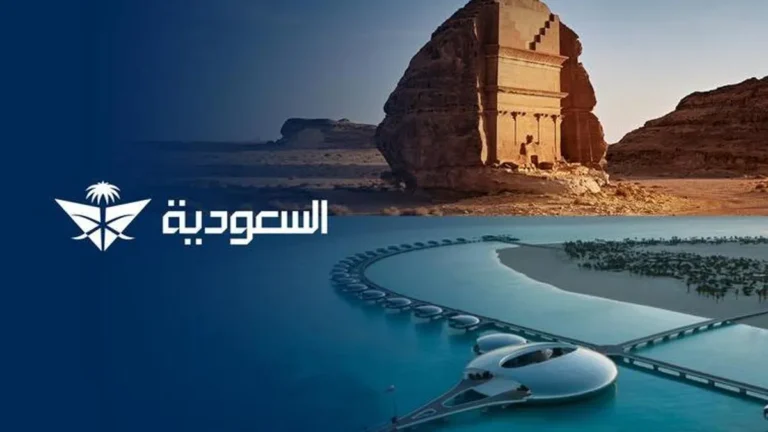 Saudi Airlines plane taking off at an airport.