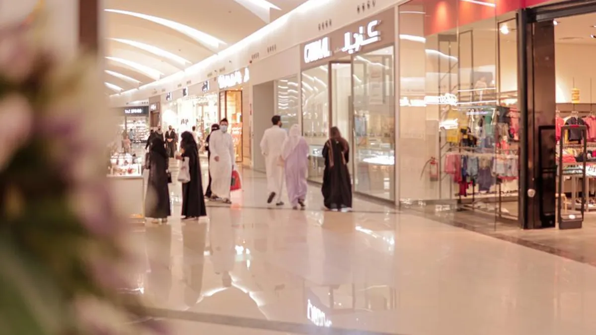 Saudi Arabia's consumer spending growth illustrated with shopping and transaction visuals.