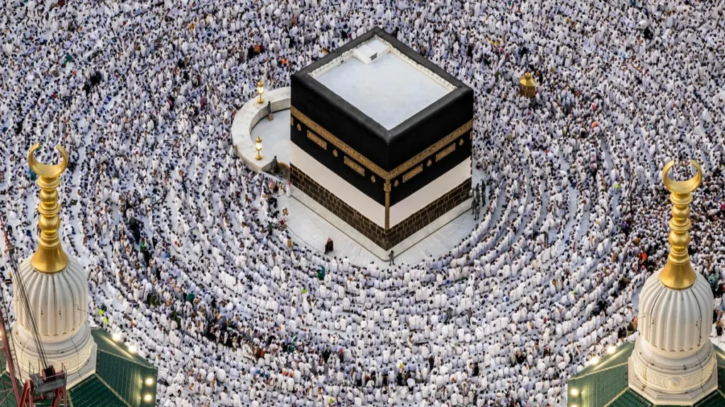 Pilgrims at the Kaaba during Hajj in Mecca, Saudi Arabia.
