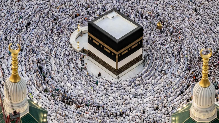 Pilgrims at the Kaaba during Hajj in Mecca, Saudi Arabia.