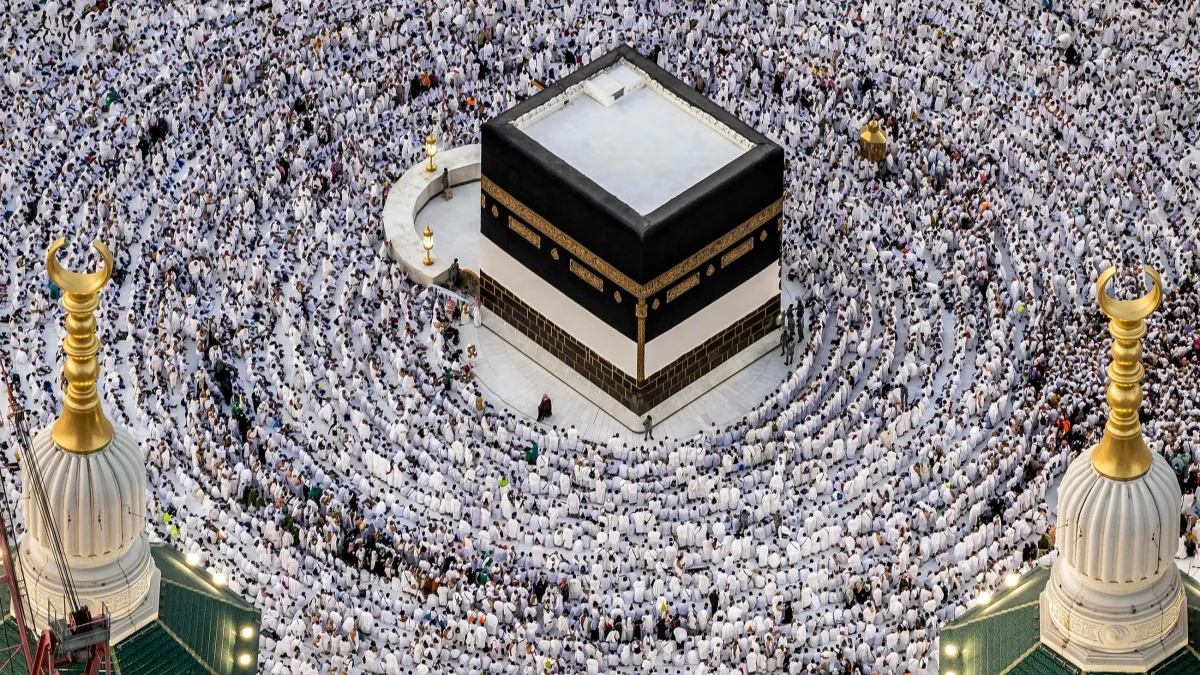 Pilgrims at the Kaaba during Hajj in Mecca, Saudi Arabia.