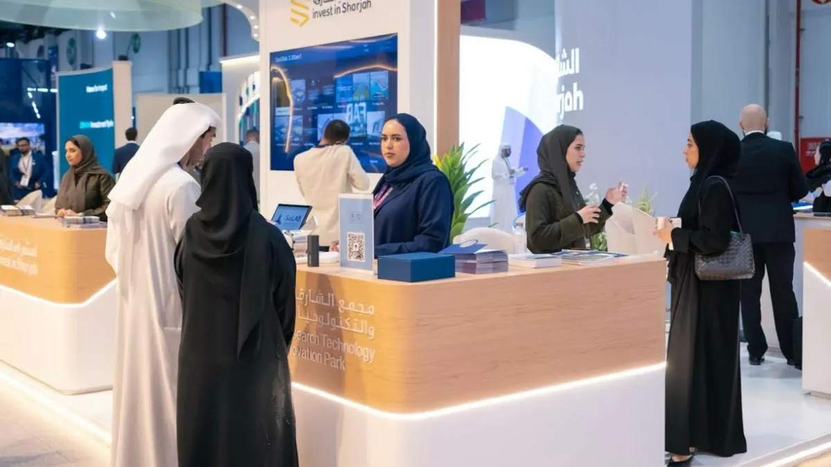 Sharjah's industrial pavilion at Make it in the Emirates 2026 showcasing investment opportunities.