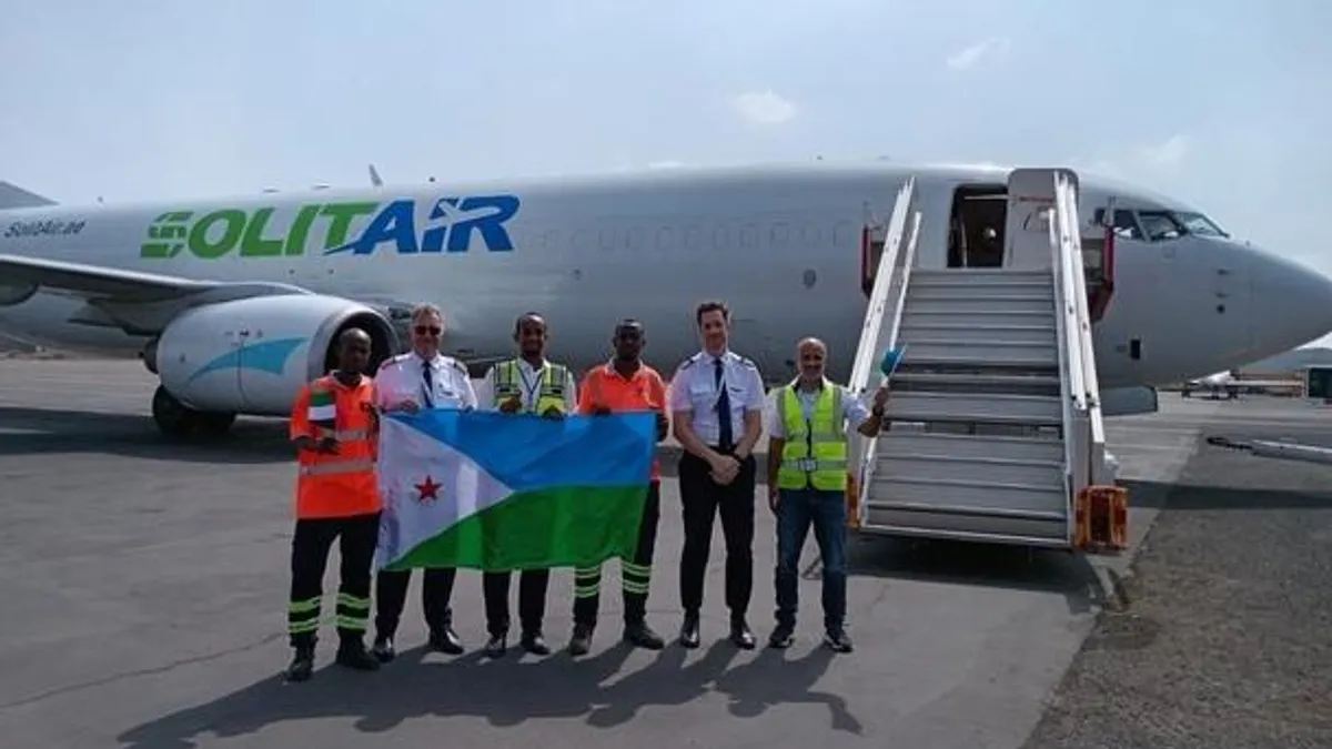 SolitAir cargo aircraft at Dubai World Central airport ready for departure.