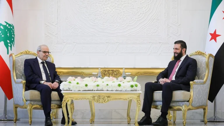 Syrian President Ahmad al-Shara and Lebanese PM Nawaf Salam during their meeting.
