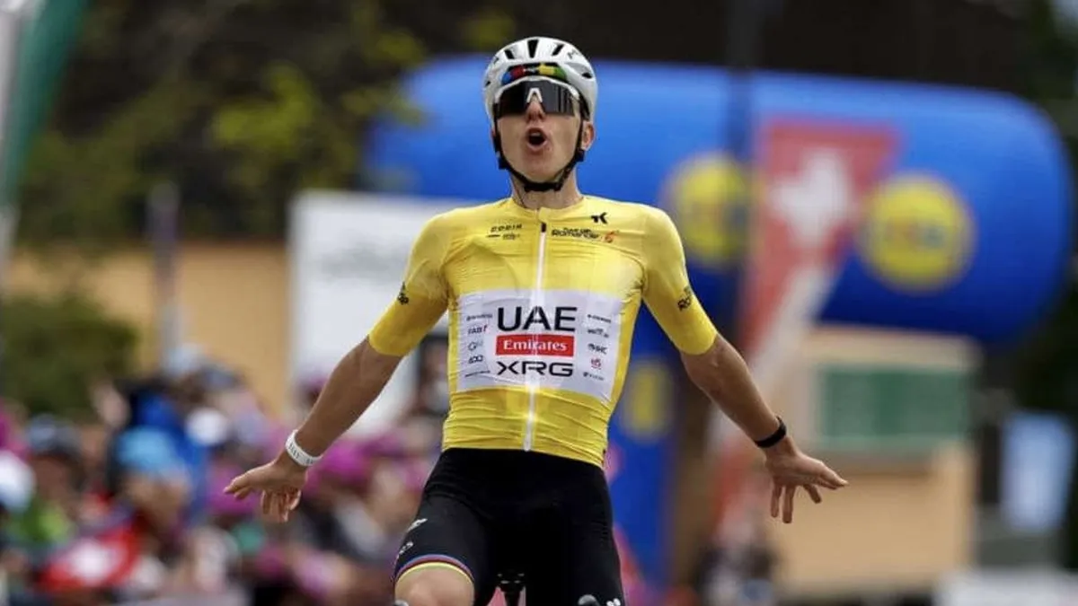 Tadej Pogačar celebrating victory at the Tour de Romandie 2026.