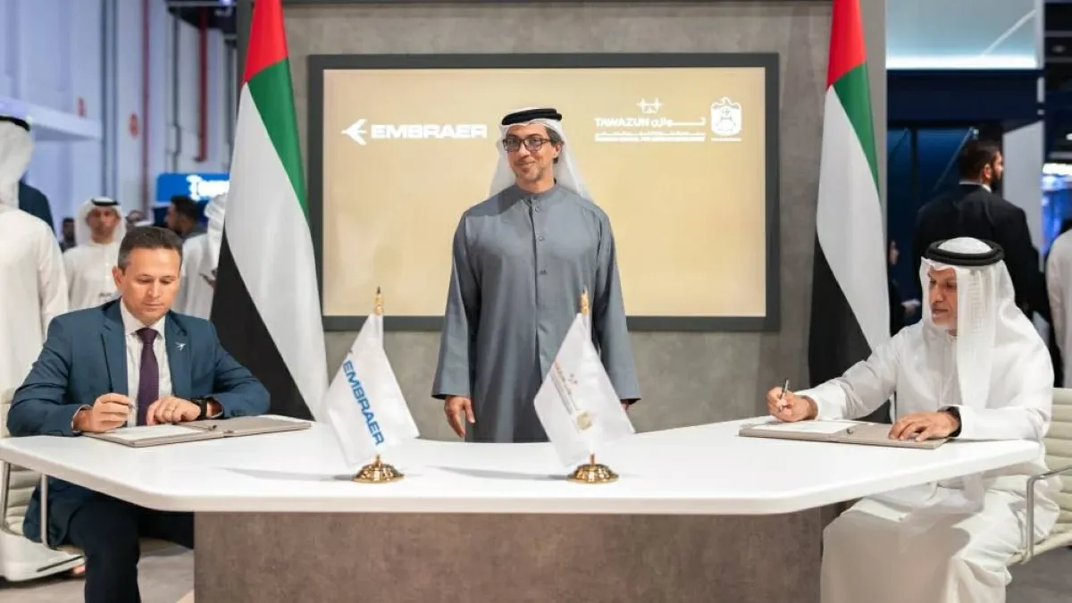 Sheikh Mansour bin Zayed Al Nahyan at the C-390 aircraft contract signing ceremony.