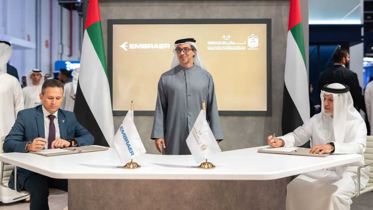 UAE officials at the Make it in the Emirates 2026 event discussing defense contracts.
