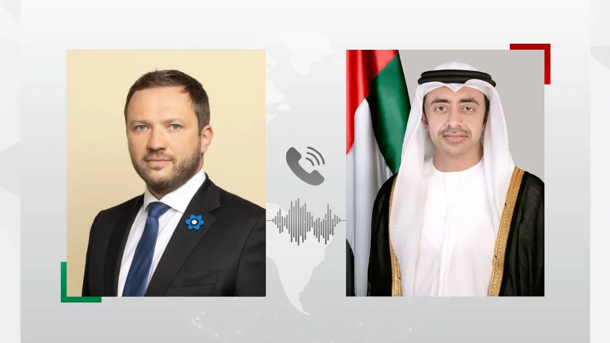 Sheikh Abdullah bin Zayed Al Nahyan during a diplomatic call with Estonia's Foreign Minister.
