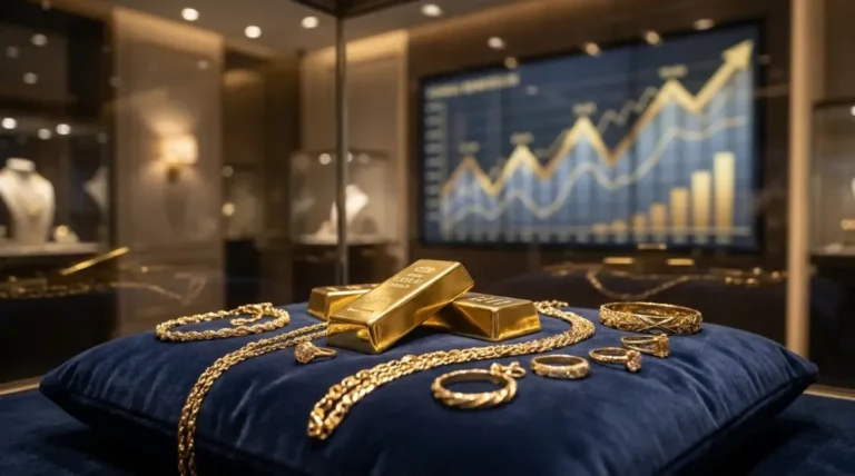 Gold bars and coins displayed in a jewelry shop in Dubai.
