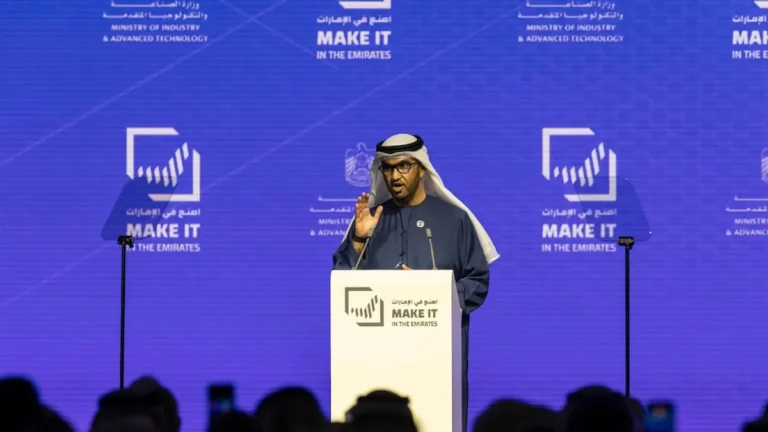 Dr. Sultan Al Jaber speaking at the Make it in the Emirates event in Abu Dhabi.