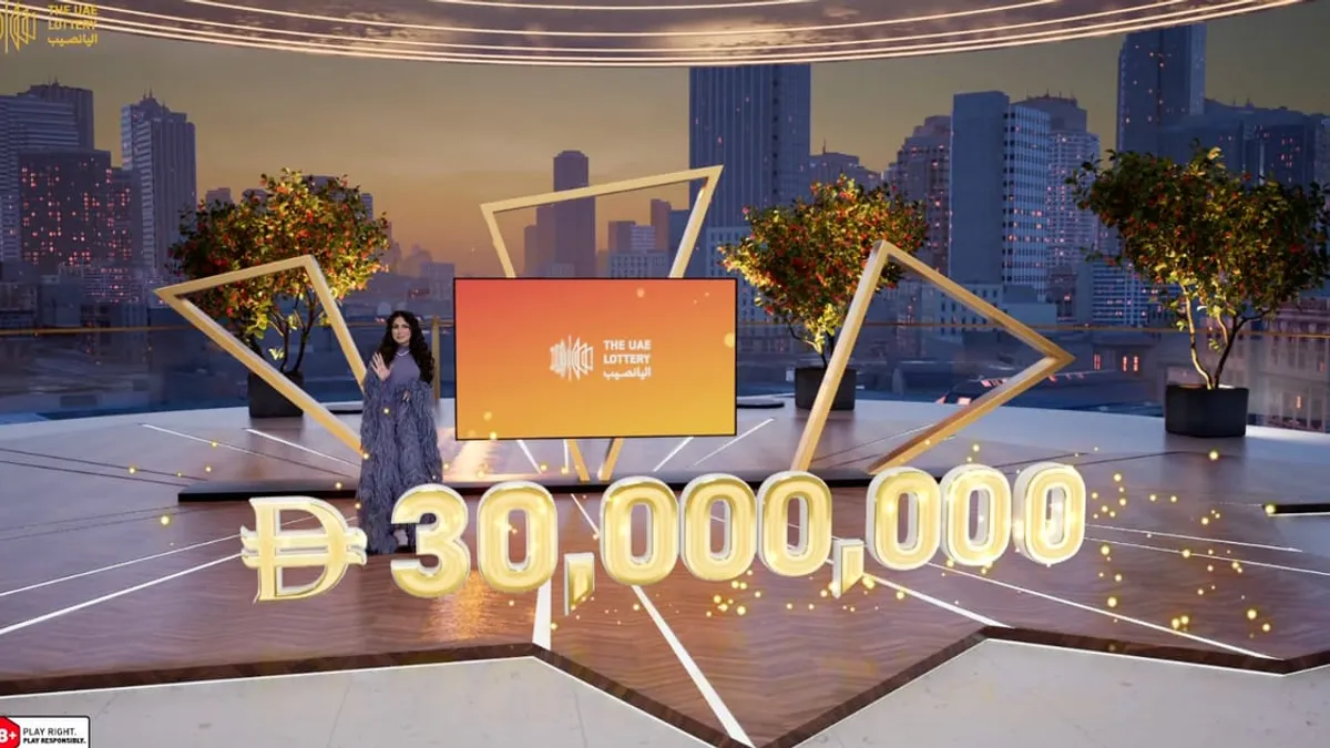 Celebration of winners from the UAE Lottery draw holding cash prizes.