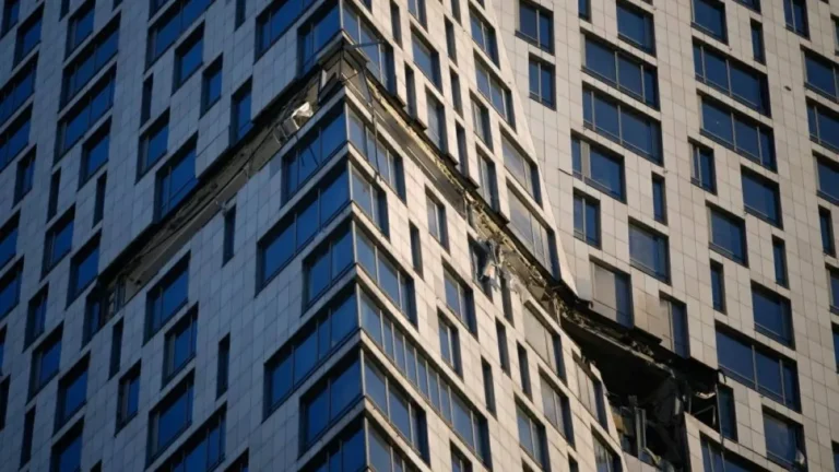 Damaged residential building in Moscow following a drone strike.