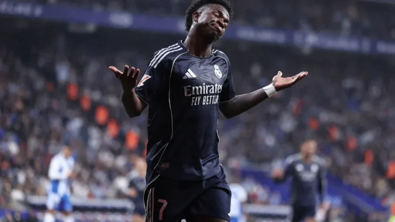 Vinicius Junior celebrates after scoring a goal during the match against Espanyol.