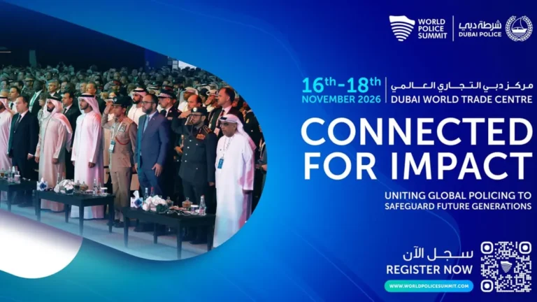 Participants engage in discussions at the World Police Summit in Dubai.